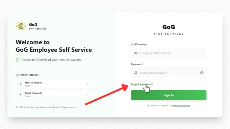 GoG ePay Services 2 GoG ePay Services login page highlighting the Forgot Password option for account recovery