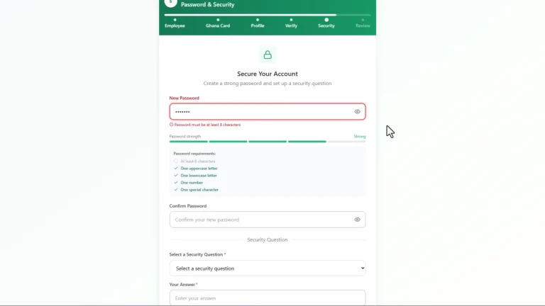 GoG ePay Services 8 GoG ePay Services security setup page showing password creation and security question fields