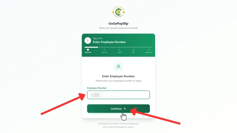 GoG ePay Services 3 GoG ePay Services password recovery page showing employee number field and Continue button