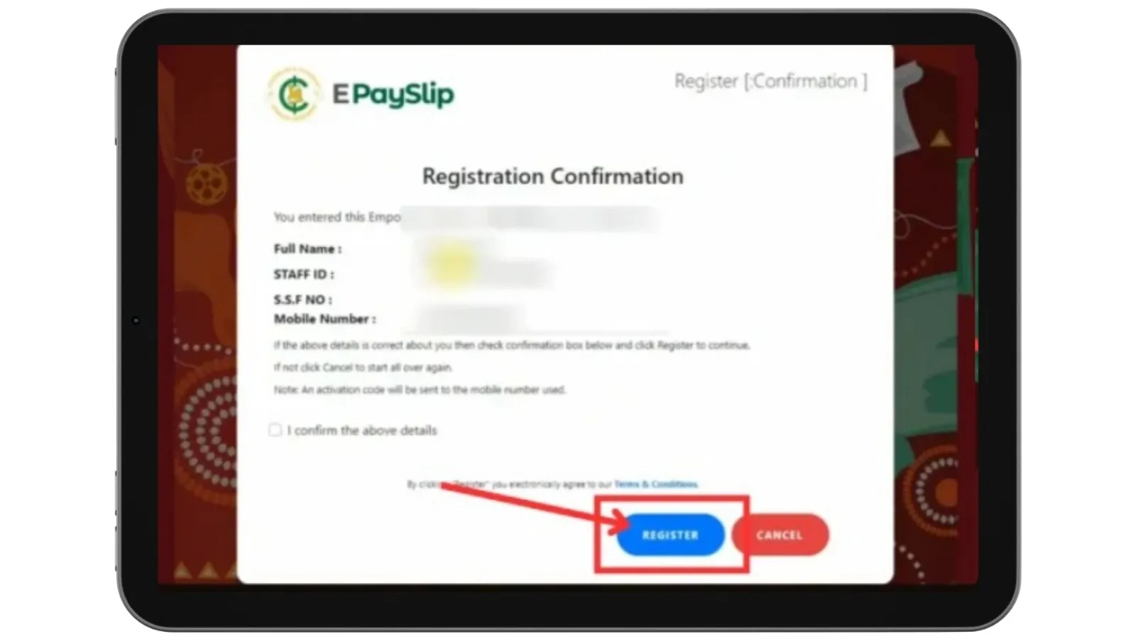GoG ePayslip Ghana registration confirmation and register button screen
