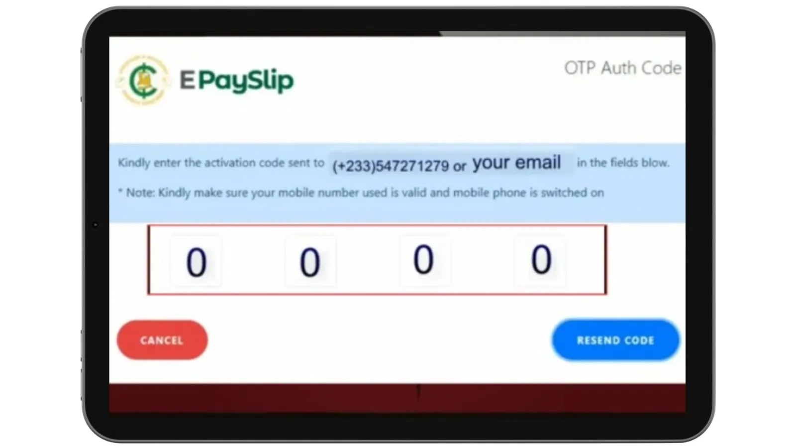 GoG ePayslip Ghana OTP authentication code verification screen