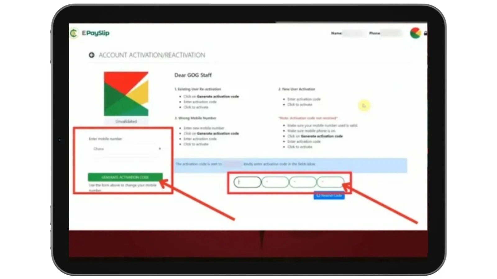 GoG ePayslip Ghana account activation and OTP verification screen