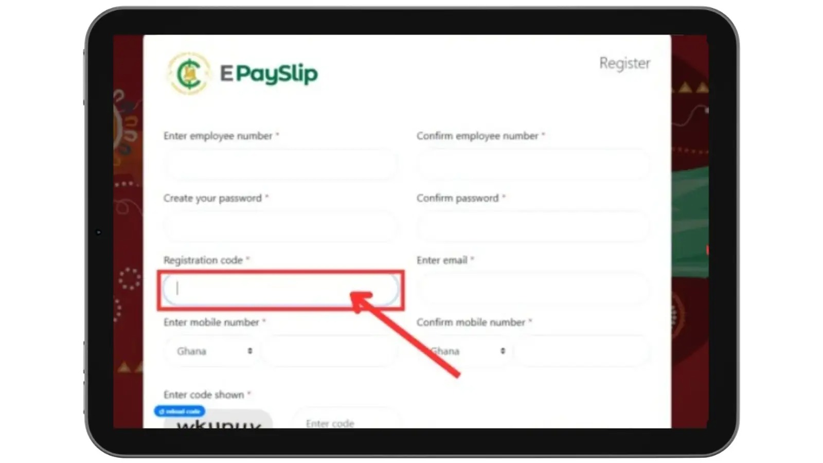 `GoG ePayslip Ghana registration code field on employee registration form`
