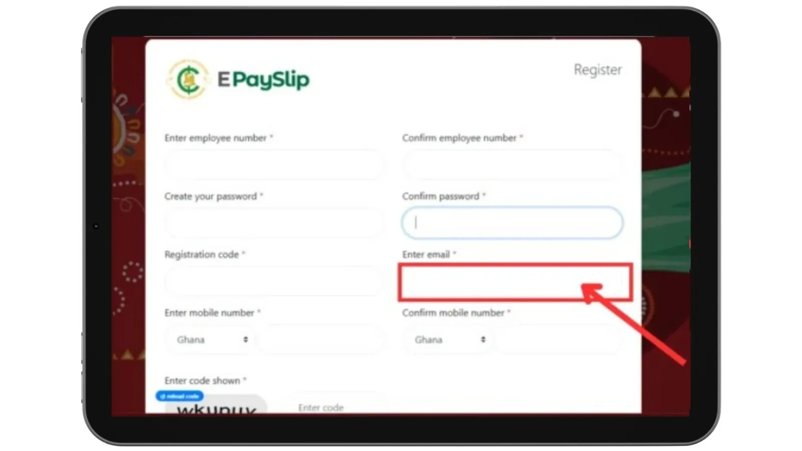 GoG ePayslip Ghana email field on employee registration form