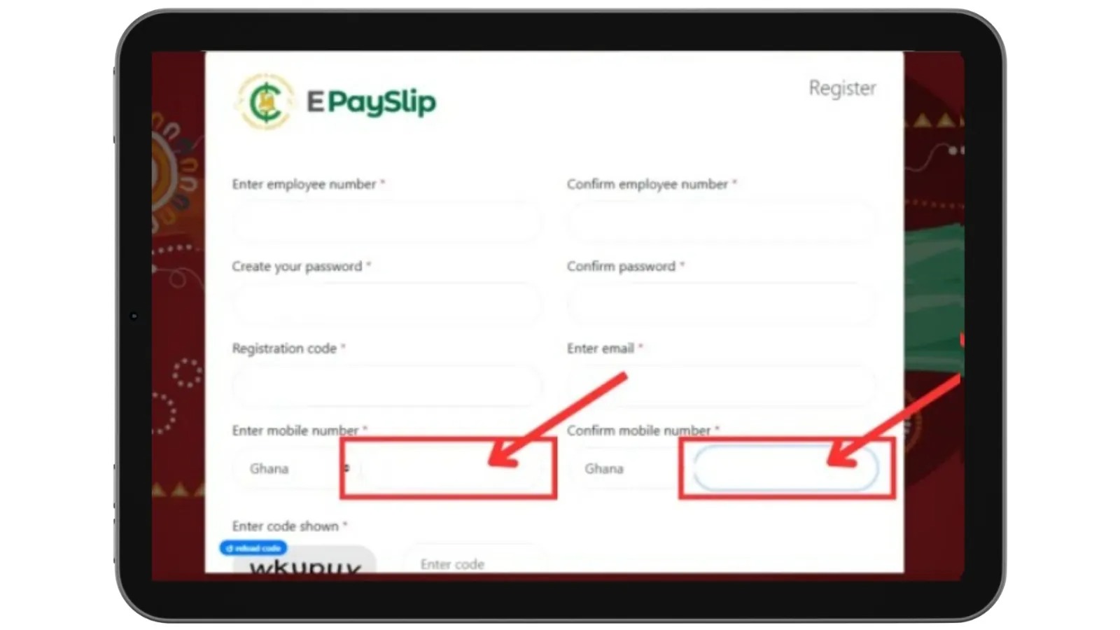 GoG ePayslip Ghana mobile number fields on registration form