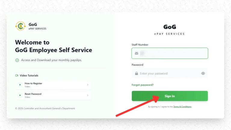 GoG ePay Services 12 GoG ePay Services employee login page showing staff number, password field, and Sign In button
