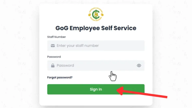 GoG Employee Self Service login page showing staff number, password field, and Sign In button