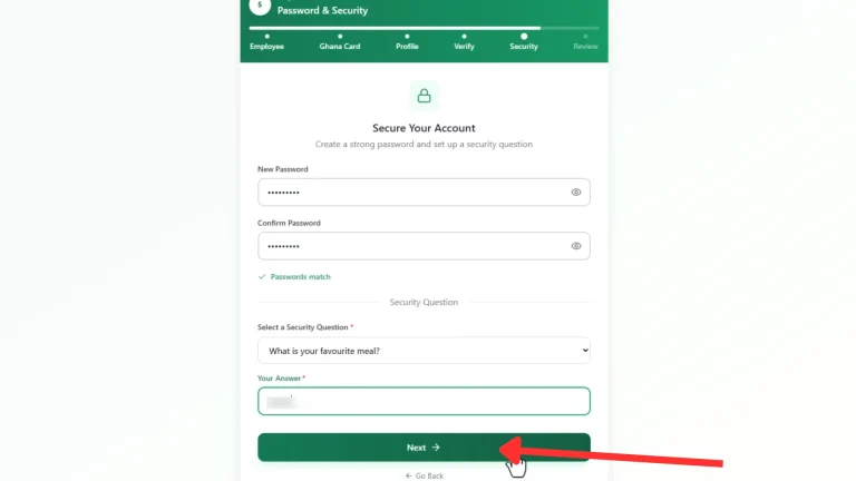 GoG ePay Services 9 GoG ePay Services account security page showing password confirmation, security question, and Next button