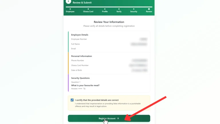 GoG ePay Services 10 GoG ePay Services registration review page showing account details and Register Account button