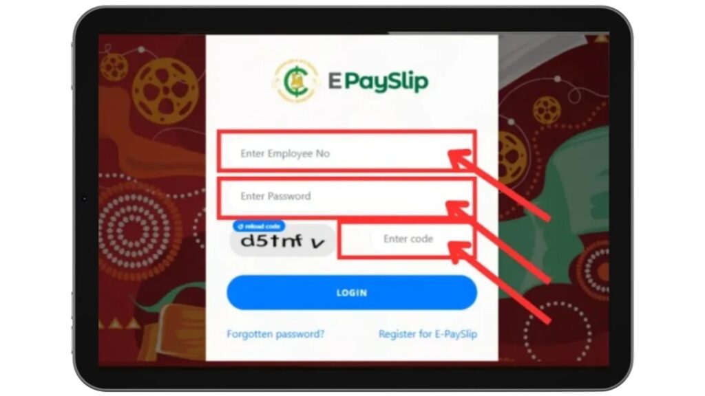 Login GOGPayslip 3 GoG ePayslip login form showing employee number, password, and captcha code fields