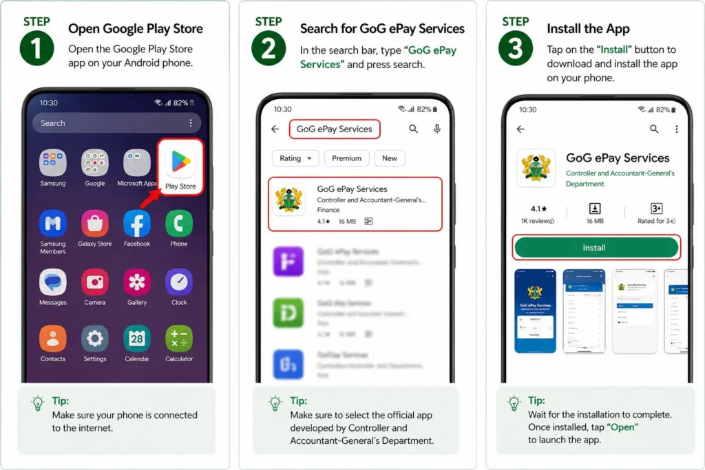 ALT Text:**How to install GoG ePay Services mobile app from Google Play Store step-by-step guide**
