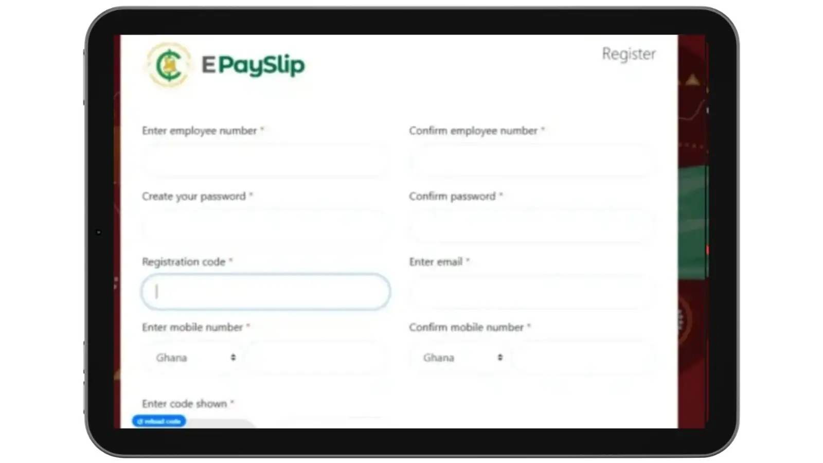 `GoG ePayslip Ghana employee registration form screen`
