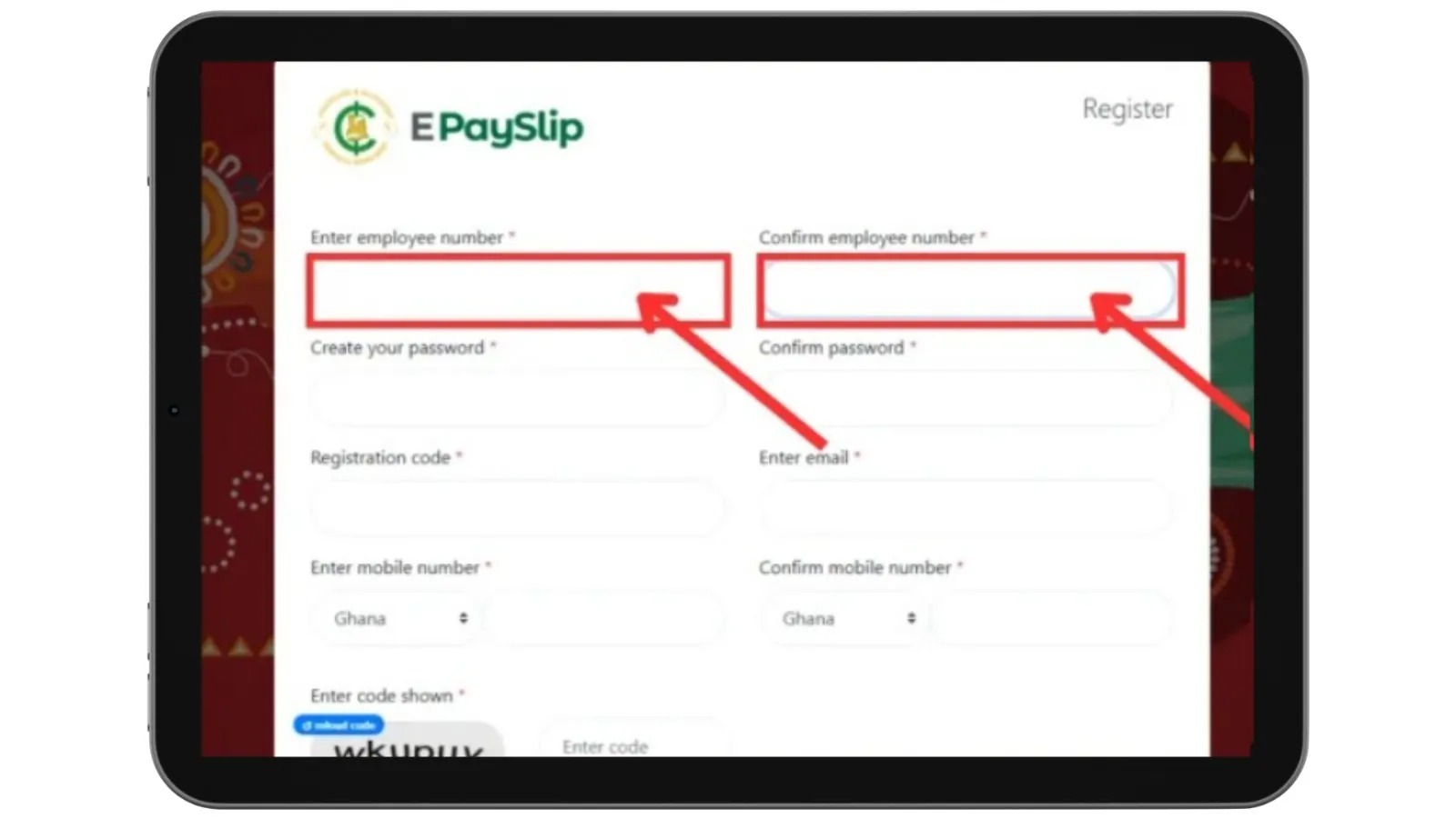 `GoG ePayslip Ghana employee number fields on registration form`
