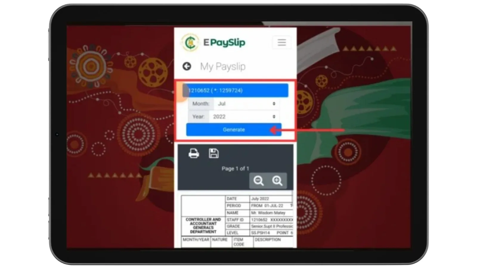 GoG ePayslip Ghana generate payslip option on My Payslip page