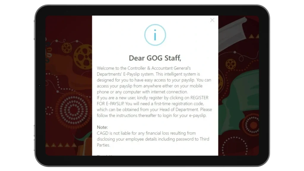 Login GOGPayslip 2 GoG Staff welcome message on the GoG ePayslip Portal for Ghana government employees