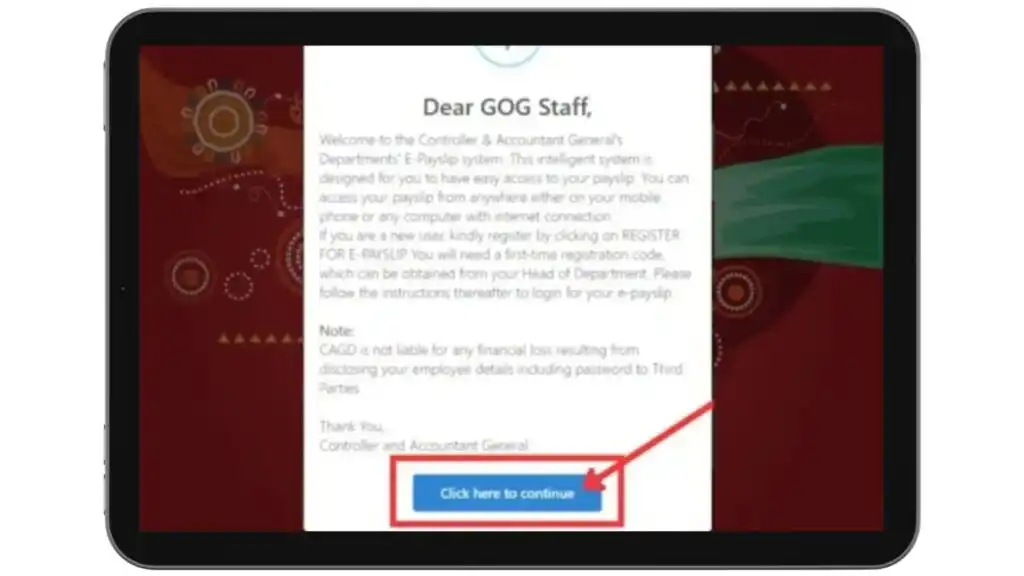 `GoG ePayslip Ghana continue button on employee registration message screen`
