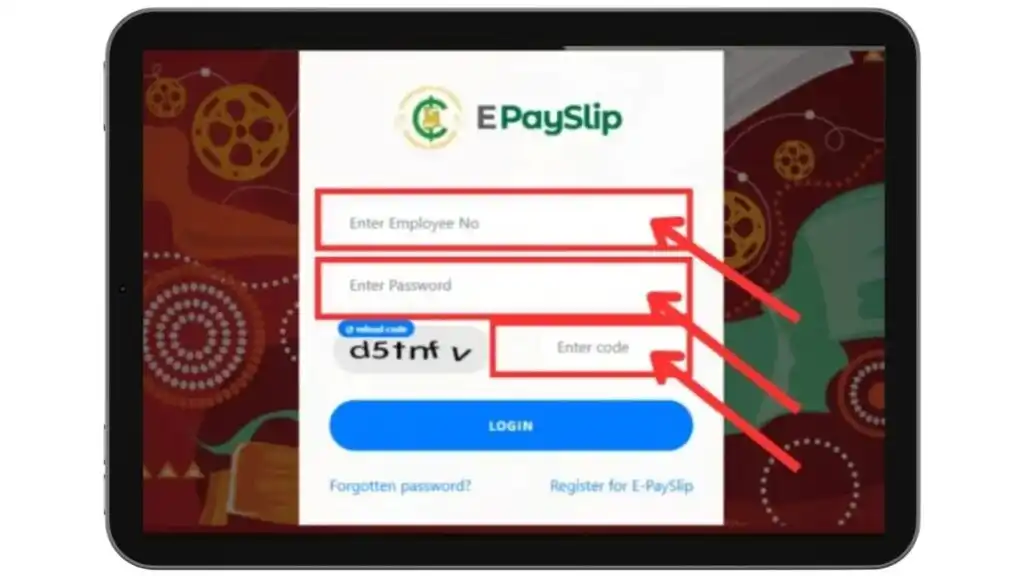 GoG ePayslip Ghana login form with employee number password and verification code fields