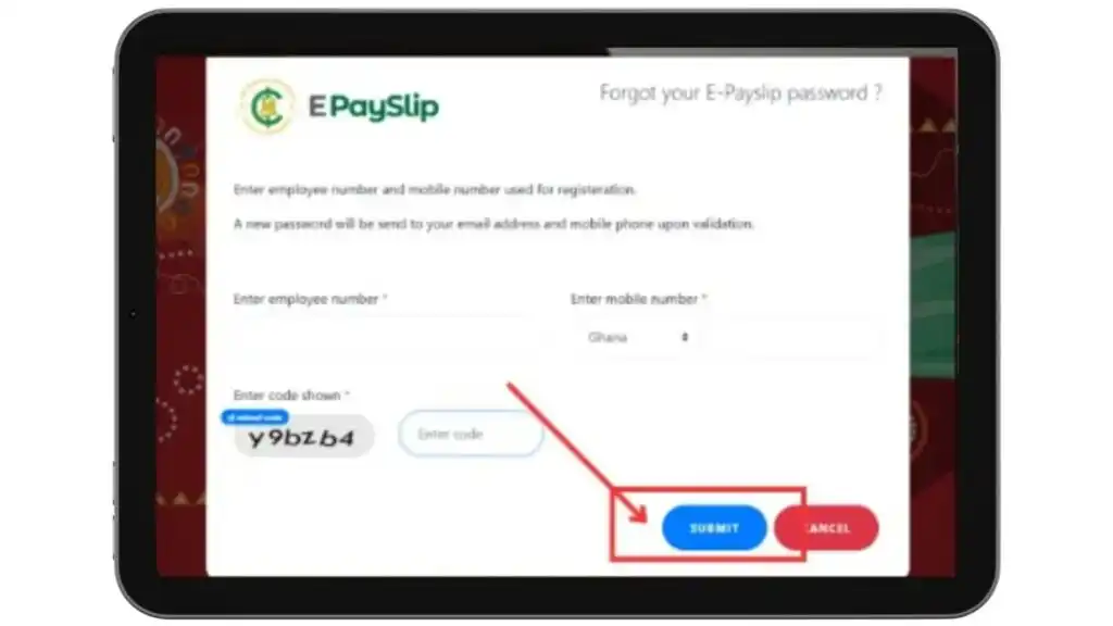 GoG ePayslip Ghana forgot password submit button screen