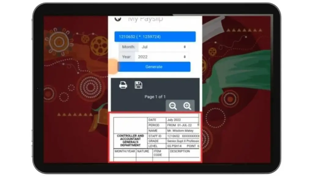 `GoG ePayslip Ghana salary slip generate screen on mobile device`